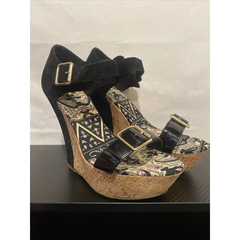 Bamboo Patent Wedge Smooch-14 Cork Sandals - Ankle Strap - Size 7.5